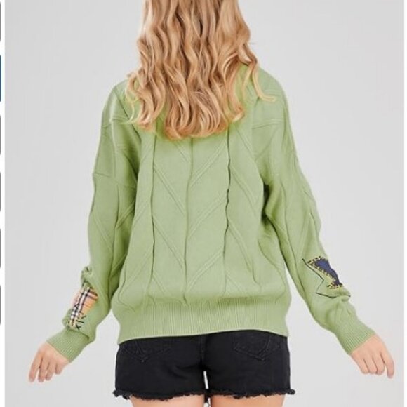 ebossy Cable Knit Cardigan Embroidery Sweater Button V Neck Coat Size M Green - Picture 7 of 15